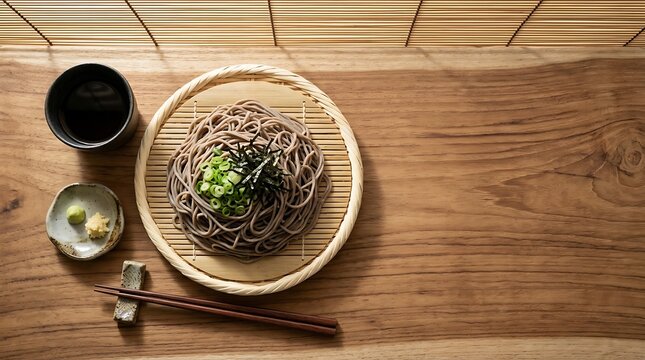 Traditional Japanese cold zaru soba noodles served on a bamboo plate with dipping sauce, wasabi, and chopsticks on a wooden table with copy space