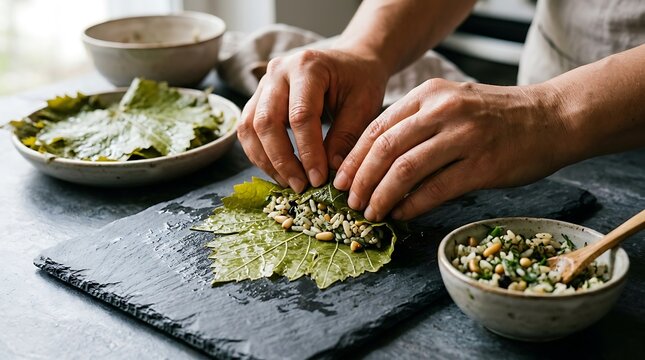 Close-up of a chef's hands rolling stuffed grape leaves with rice filling on a slate board