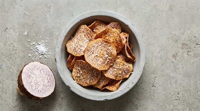 Crispy taro chips served in a grey ceramic bowl with raw taro root and sea salt on a textured concrete background