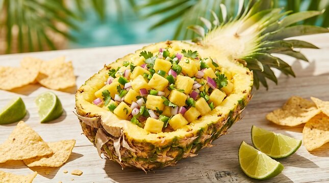 Fresh pineapple salsa served in a pineapple bowl with tortilla chips and lime.