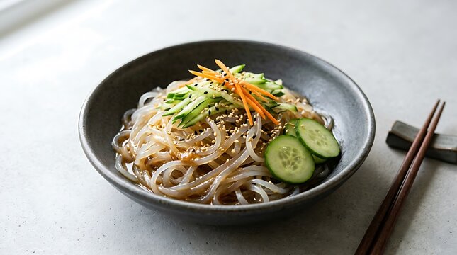 Minimalist bowl of cold Asian noodles topped with fresh cucumber, carrots, and sesame seeds.