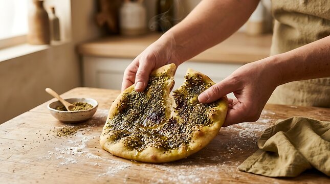Baker hands tearing a freshly baked warm manakish flatbread topped with zaatar spice blend on a rustic wooden table
