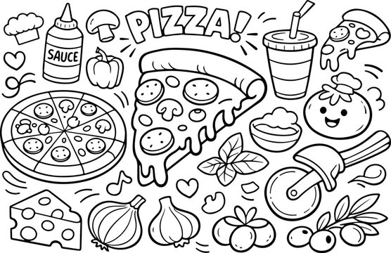 Me encanta la pizza, dibujo animado, ilustraci&oacute;n lineal dibujada a mano, p&aacute;gina para colorear para ni&ntilde;os