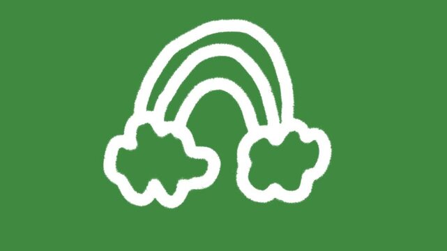 Rainbow with clouds weather hand-drawn cartoon graphic chalk outline cute rainbow icon and creative hope positivity symbol isolated on green screen background for playful kids marketing campaign sign.