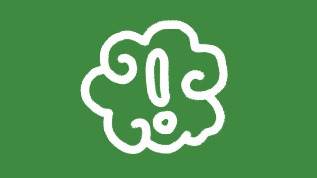 Exclamation mark brainstorming cloud hand-drawn cartoon graphic with chalk outline warning alert icon and creative urgency notification symbol isolated on green screen background.