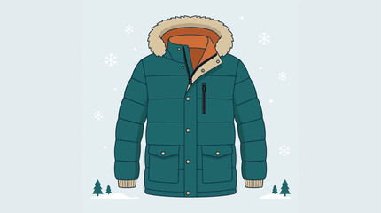 Winter parka jacket features a fur-lined hood and insulated padding for cold weather protection. © Fatima