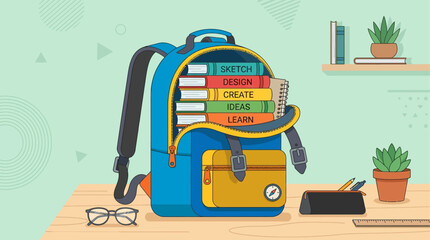 Backpack filled with colorful educational books stands on a wooden desk surrounded by office stationery and plants. © Fatima