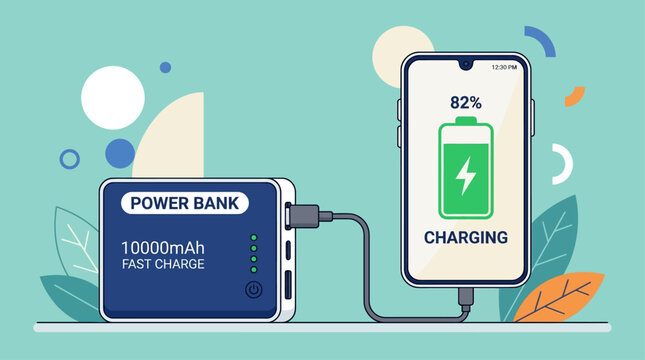 Power bank connected to a smartphone displays an eighty-two percent charge level on the screen.