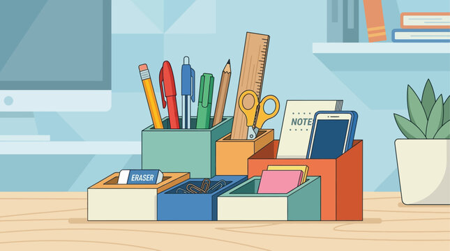 Desk organizer holds pens, pencils, scissors, and notebooks, creating a clean and productive environment for creative work.