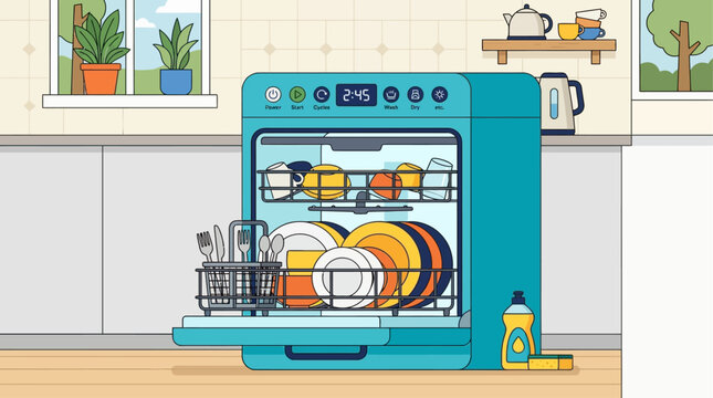 Dishwasher filled with colorful plates and silverware stands in a modern kitchen setting ready for cleaning cycle.