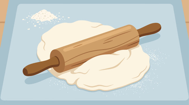 Dough is being rolled out flat on a clean surface with a wooden pin to prepare for baking homemade pastries.