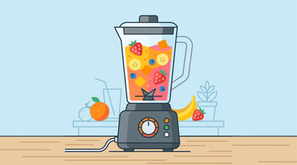 Blender filled with fresh colorful fruit stands on a kitchen counter to prepare a healthy smoothie. © Fatima