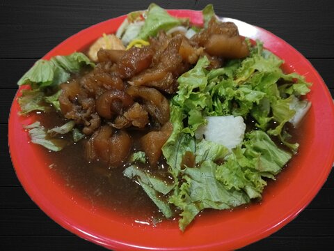 A plate of tahu campur, an East Javanese dish from Indonesia. It&rsquo;s served on a bright red plate with fresh green lettuce, chunks of white lontong. The main topping is tender braised beef tendon. 