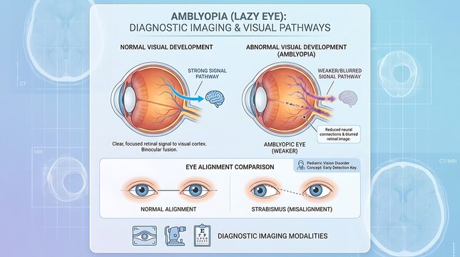 Medical illustration of visual pathways for normal and abnormal development in amblyopia, including a comparison between correct eye alignment and strabismus misalignment.