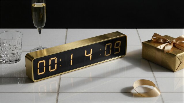 Golden clock displays 00:14:09 on white tiled surface with glasses and gift.