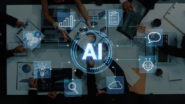 Group of professionals discussing artificial intelligence concepts with digital icons illustrating technology and innovation on a modern workspace table. Entropy.