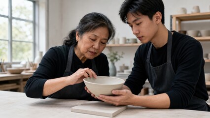 Fototapeta premium Longevity Economy Craft Owner and Assistant at Ceramics Bench