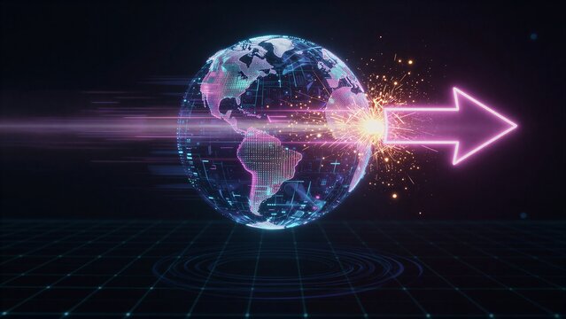 Digital globe emits vibrant energy, propelling a glowing arrow forward through futuristic grid space.