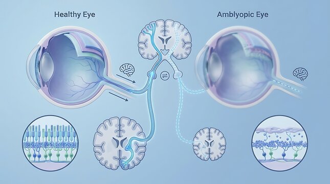 Anatomical schematic of the human visual pathway comparing normal vision to amblyopia, featuring the optic nerve, brain chiasm, and detailed retinal layer cross-sections.