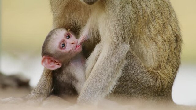 A Newborn vervet monkey (Chlorocebus pygerythrus) Sucking nipples of his mother.