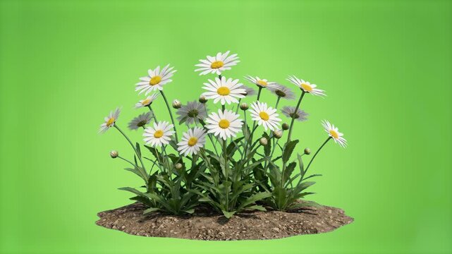 A vibrant bush of blooming white daisy flowers with yellow centers growing in a patch of soil, isolated on a solid green chroma key background. Ideal for springtime commercials, floral animations, mea