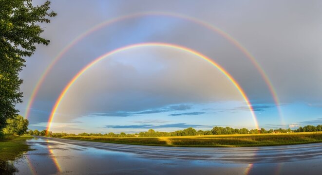 Landscape with double rainbow over wet road and grassy field