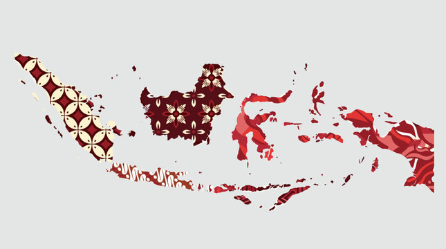 Map of Indonesia silhouette with traditional batik patterns
