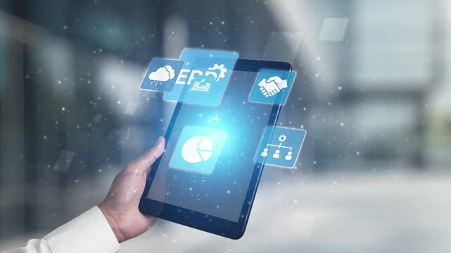 ERP icons show management, integration, and business process. ERP supports data management, ERP efficiency, and ERP organizational solutions. Gist