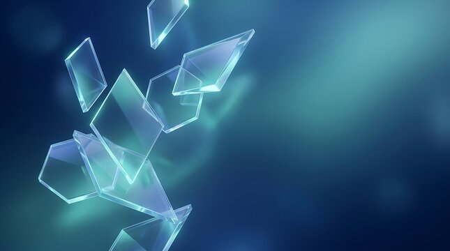 Abstract geometric shards of glass float in a luminous blue and teal gradient background.