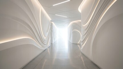 Fototapeta premium A futuristic white hallway with undulating walls and integrated lighting leading to a bright exit.