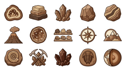 Clean Brown Minimalist Set of Geological and Mining Elements with Crystals Fossils Tools and Landmarks © roti