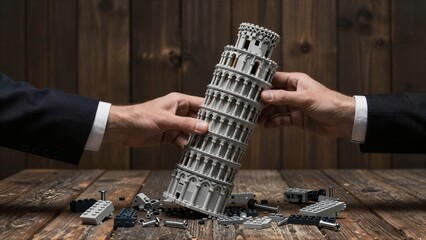 Fototapeta premium Two hands hold a LEGO Leaning Tower, surrounded by scattered pieces.