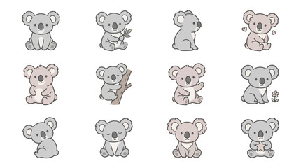Clean Charming Cartoon Koala Bears in Various Cute Positions and Colors Grey and Light Pink Illustrations © roti