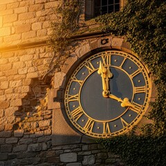 Naklejka premium Antique Clock on Historic Stone Building at Sunset.
