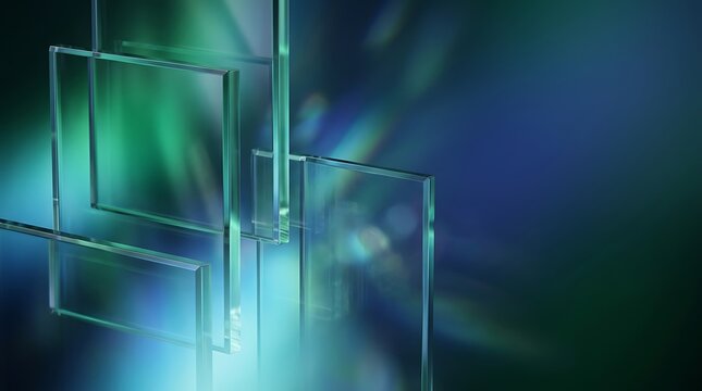 Abstract composition of transparent glass rectangles with a blurred green and blue background.