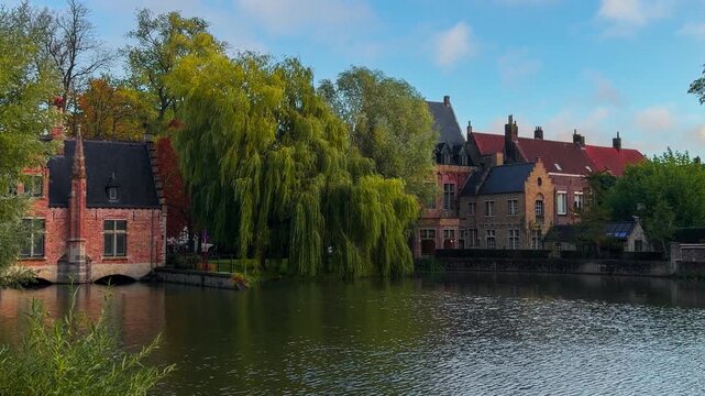 Medieval architecture on the autumn streets of historic center of Bruges, Belgium, October 20, 2025. High quality 4k footage