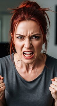 Angry woman with red hair shouting in frustration.