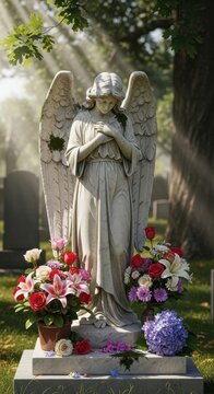 Angel statue with flowers in a serene cemetery setting.