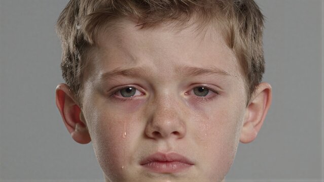 Young boy cries, tears streaming down his face, eyes filled with sadness.