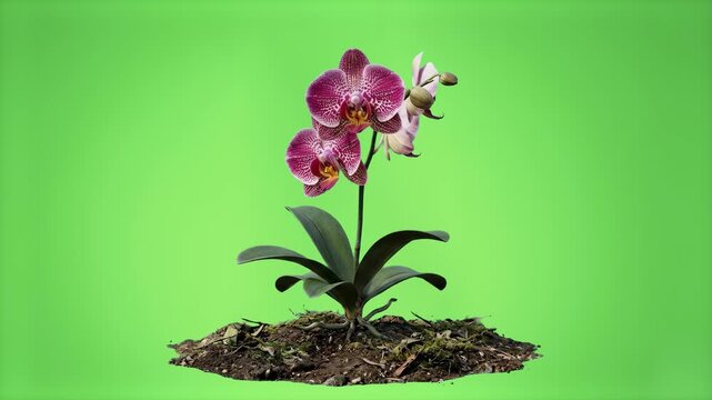 A stunning blooming purple Phalaenopsis orchid plant with lush green leaves planted in soil against a solid green screen backdrop. Ideal for floral beauty commercials, luxury spa promotions, botany ed