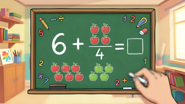 Cartoon style math lesson on chalkboard with apples for elementary education concept chalkboard education elementary learning classroom counting