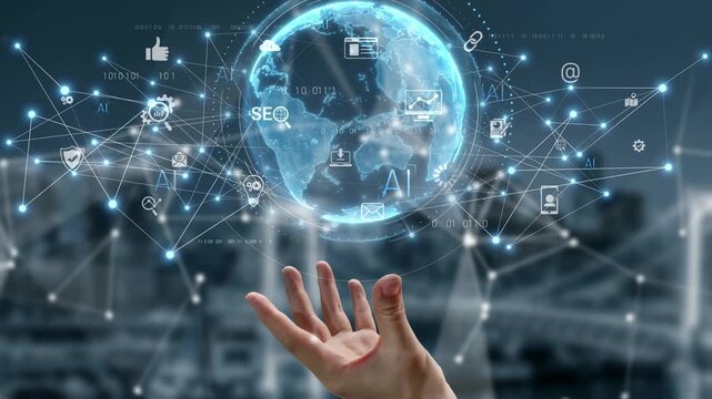 Global AI-powered digital network ecosystem connecting data, finance, analytics, ecommerce, communication, and automation across continents through technology and cloud Marrow