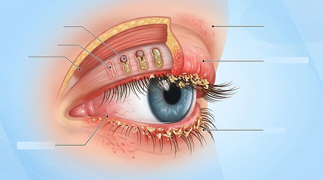 Medical illustration of blepharitis condition featuring inflamed eyelid margins with yellow crusting on eyelashes and a cross-section view of blocked oil glands in the upper lid anatomy
