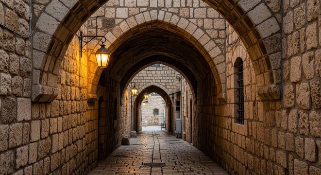 Ancient Stone Tunnel with Arched Ceilings and Warm Lighting.