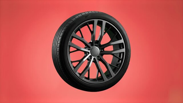 A sleek modern car wheel with a black alloy rim and low-profile rubber tire, rendered against a vibrant red gradient background. Great for automotive service, car tuning, auto parts, transportation, a