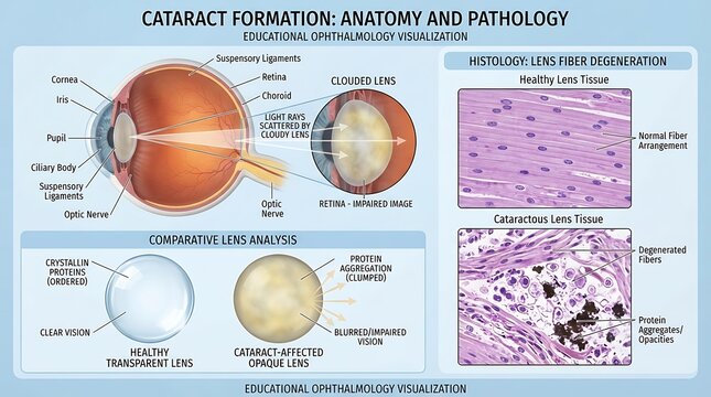 Detailed medical infographic of cataract formation in the human eye showing anatomy and pathology including histology of lens fiber degeneration and comparative lens analysis for educational use.