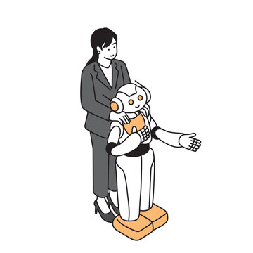 AIエージェントロボットに手を添え迎え入れる女性社員のビジネスシーン