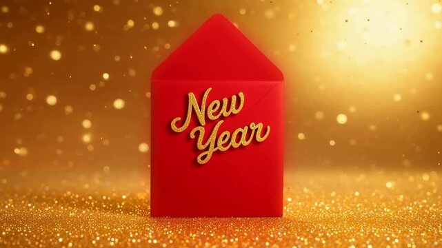 A red envelope with 'New Year' written in gold glitter text on a sparkling golden background.