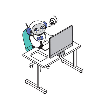 頭を抱えて困惑するAIエージェントロボットがパソコンの前で悩む様子