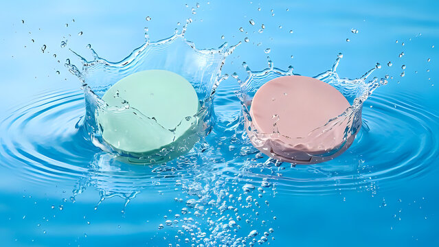 Two round bath bombs falling into clear blue water creating a large splash and ripples with relaxation wellness skincare cosmetic dissolving
